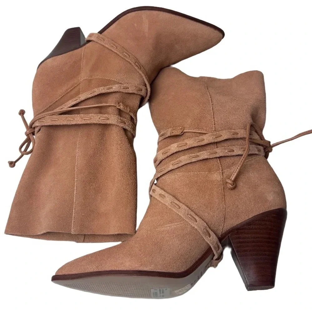 Schutz Portia Suede Ankle Boots Honey Peach Tan Leather Wrap Straps Size 6B - Picture 5 of 9